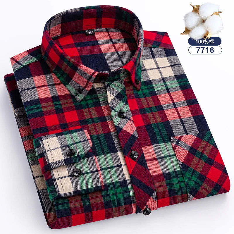 7XL 8XL Plaid Shirts For Men's Long Sleeve Cotton Fashion Single Patch Pocket Design  Casual Standard-Fit Thick Flannel Shirt