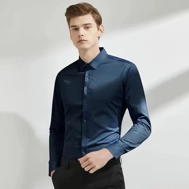 Camisa elástica de manga comprida masculina, Stand Up Collar Camisas, Não Passar, Traje de Trabalho Profissional