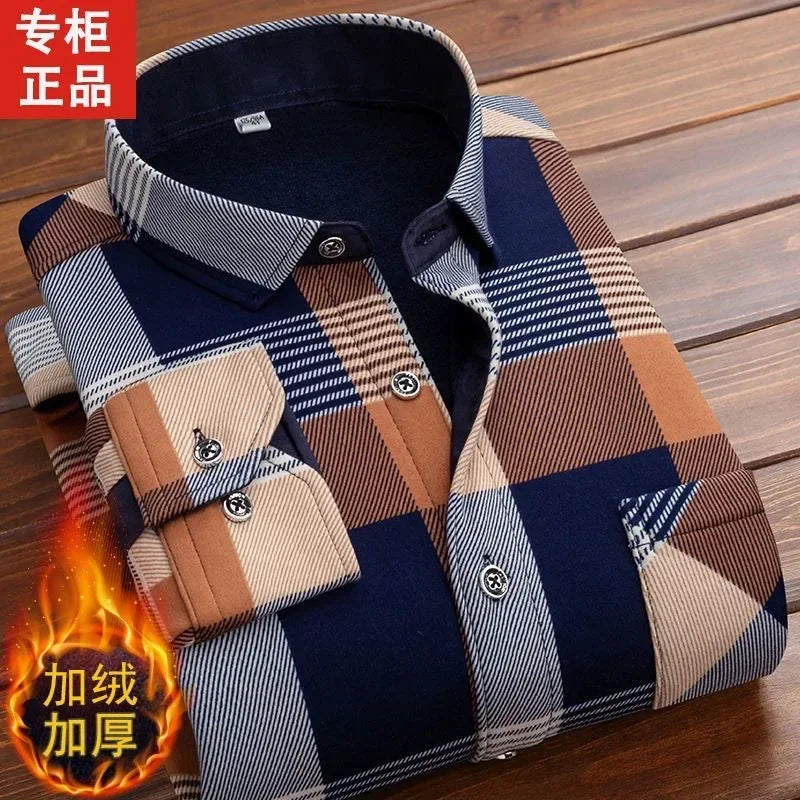 Camisa de manga comprida xadrez grossa e quente masculina, camisas formais de escritório, moda casual, outono, inverno, 2022