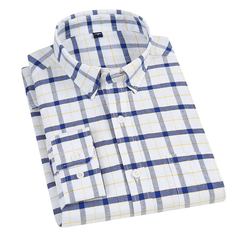 Camisa Oxford de manga comprida masculina, bolso único, xadrez de botões, listrada, camisas formais sociais masculinas, casual, 100 algodão