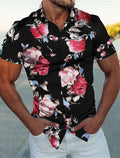 Camisa floral estampada em 3D masculina, manga curta, tecido elástico de 4 vias, casual, roupa de rua para o trabalho, negócio, verão