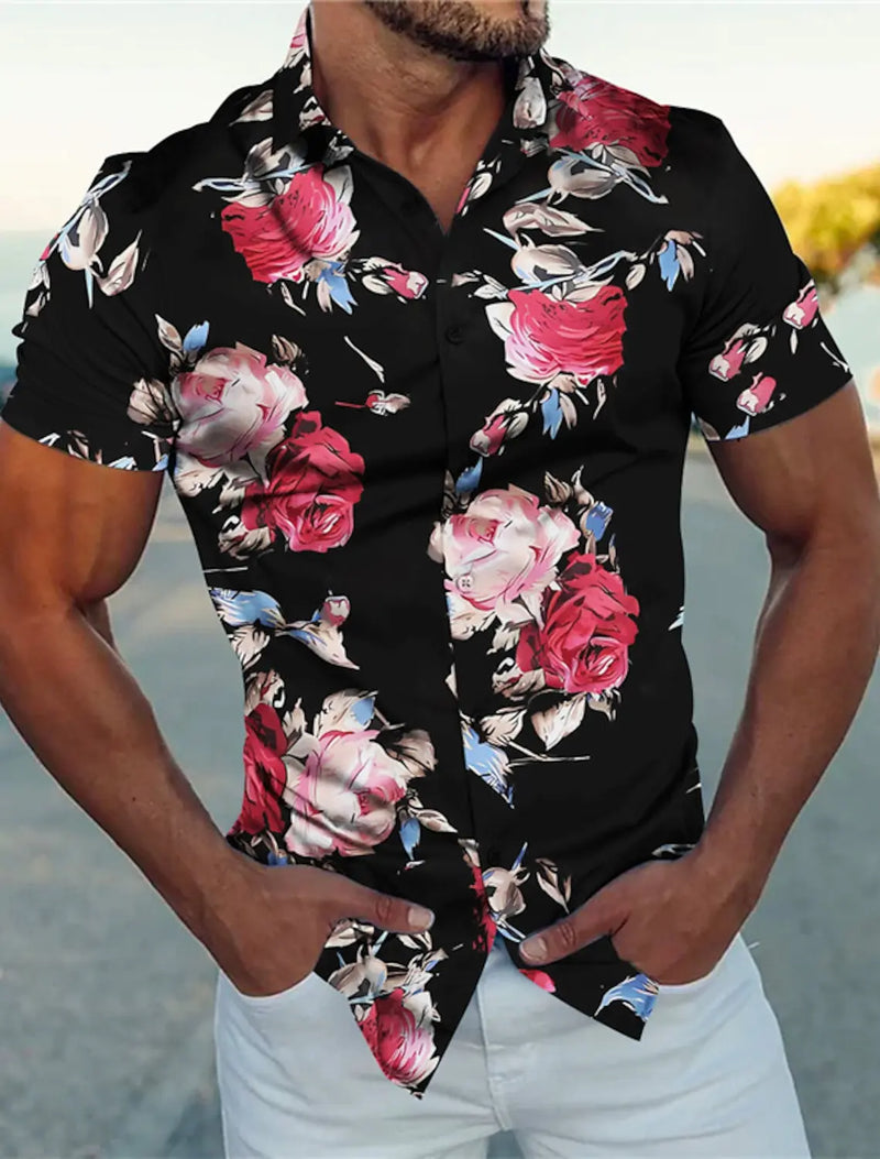 Camisa floral estampada em 3D masculina, manga curta, tecido elástico de 4 vias, casual, roupa de rua para o trabalho, negócio, verão