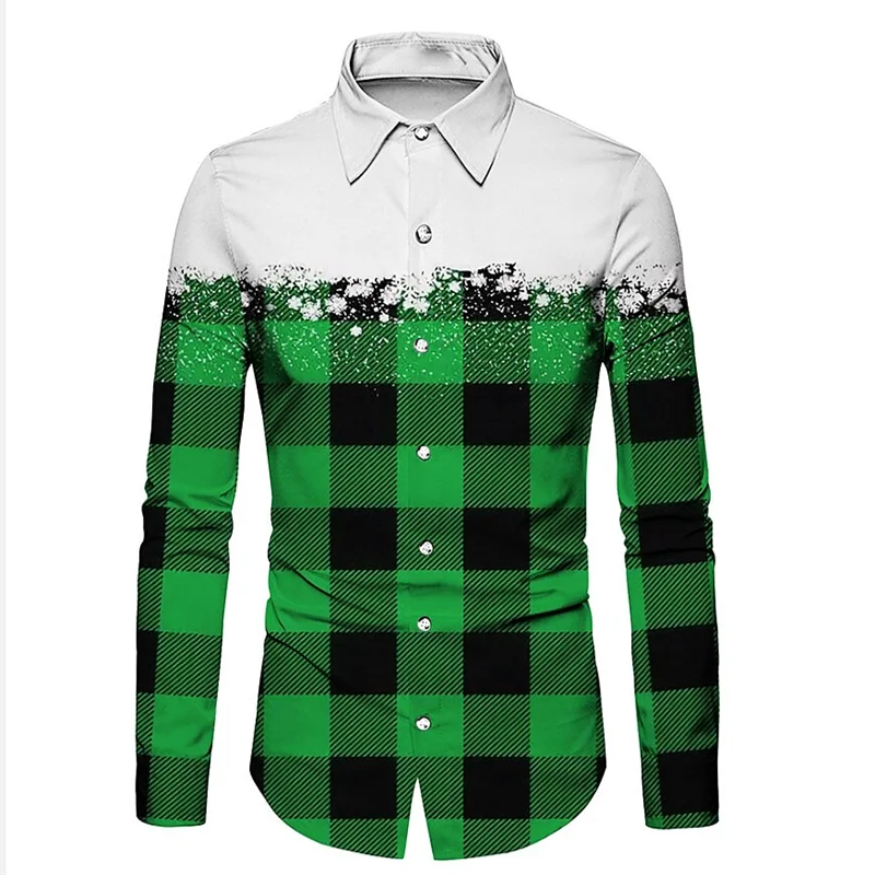 Camisa de Natal xadrez manga longa masculina, impressão 3D floco de neve, rua casual, lapela, roupa macia, design de moda, 6XL