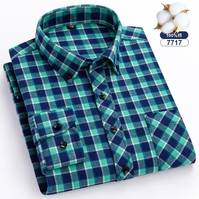 Camisa de flanela grossa masculina, manga comprida, algodão puro, design de bolso patch, camisas xadrez, ajuste padrão, jovens adultos, outono, inverno