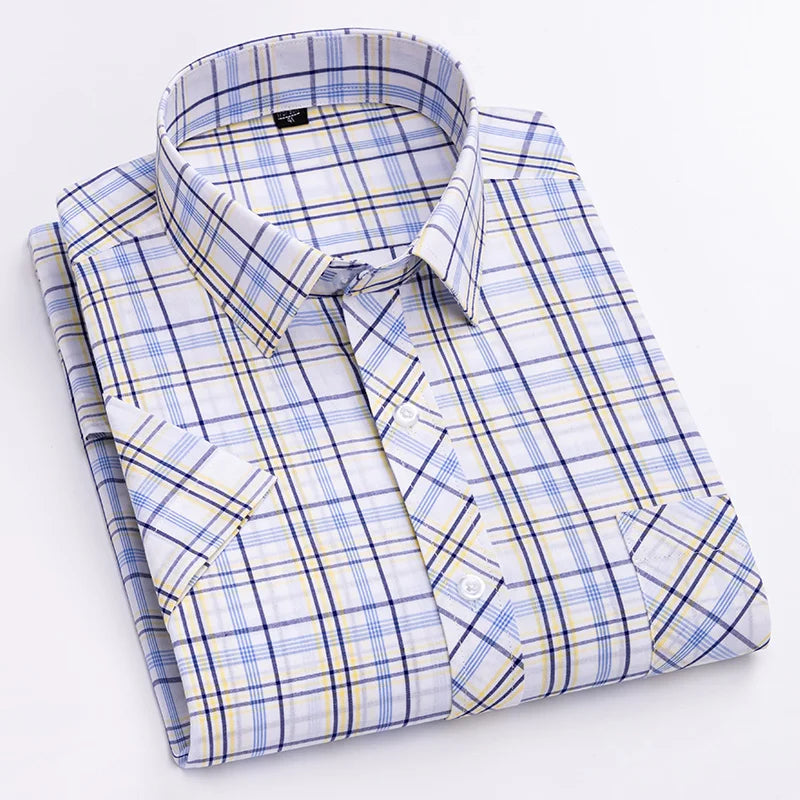 Camisa xadrez de algodão manga curta masculina, design de bolso único, casual jovem, ajuste padrão, elegante