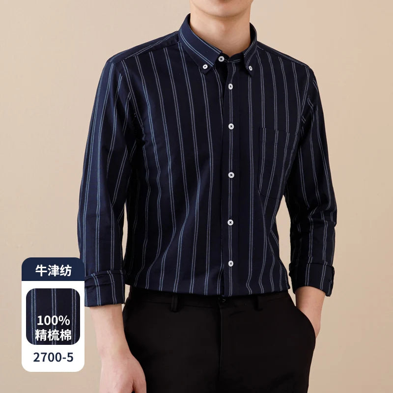 Camisa Oxford de manga comprida masculina, 100% algodão, quadriculada listrada, Oxford, remendo frontal, bolso no peito, abotoado, Versátil, Casual