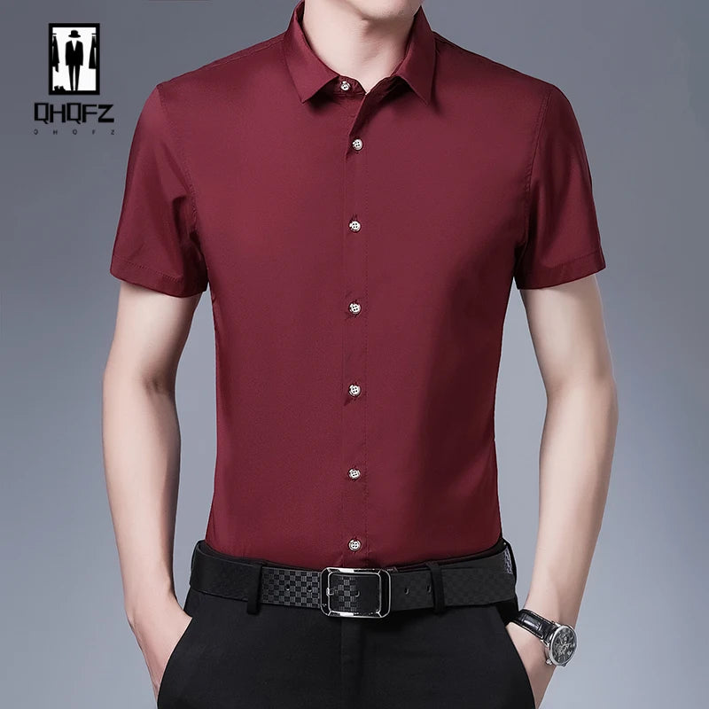 Camisa masculina casual de manga curta de negócios em 8 cores resistente a rugas top elegante