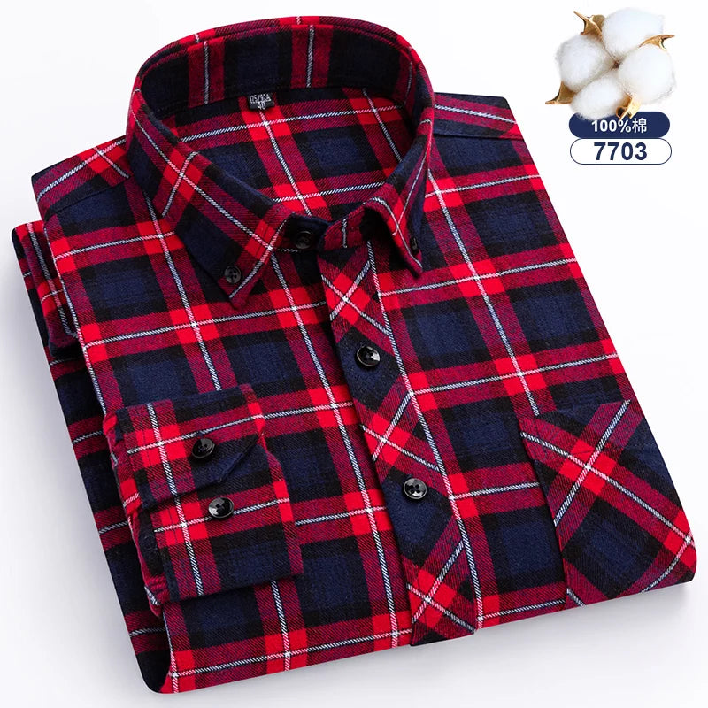 7XL 8XL Plaid Shirts For Men's Long Sleeve Cotton Fashion Single Patch Pocket Design  Casual Standard-Fit Thick Flannel Shirt