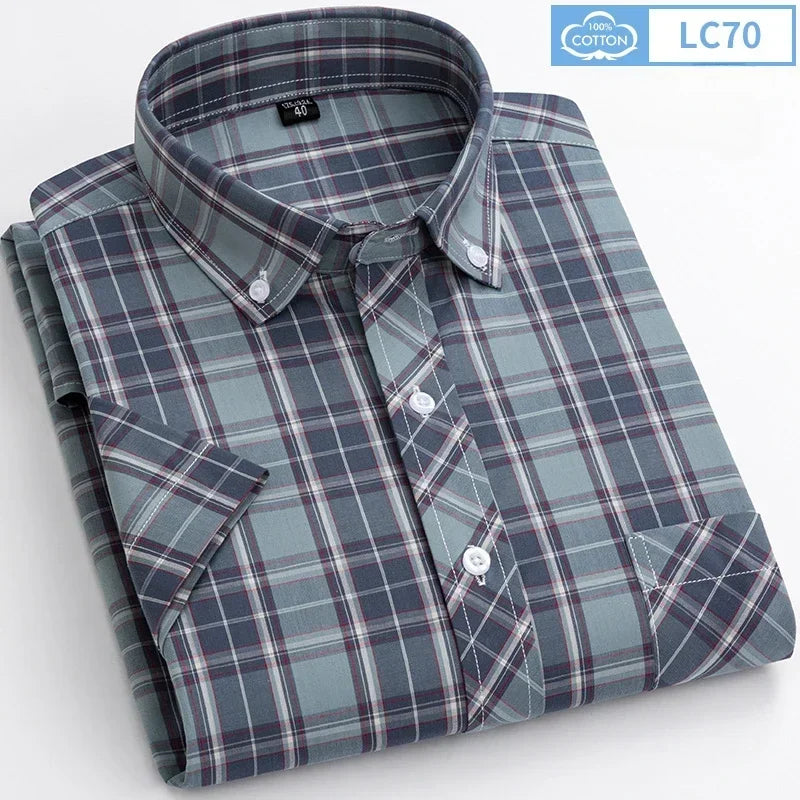 Camisas de manga curta masculina, slim fit, camisa casual lisa, xadrez fino, tops macios havaianos, roupas populares, 100% algodão, verão