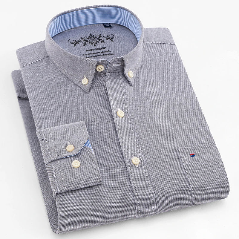 Camisa casual listrada oxford de manga comprida masculina, camisa frontal com bolso no peito, ajuste regular, gola com botão, camisas de trabalho grossas