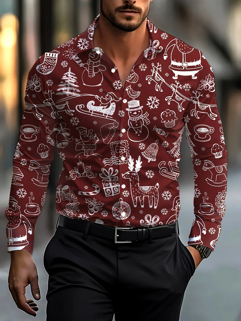 Tema do festival de natal masculino 3d impresso camisas formais árvore de natal papai noel gráfico camisa de manga longa moda masculina