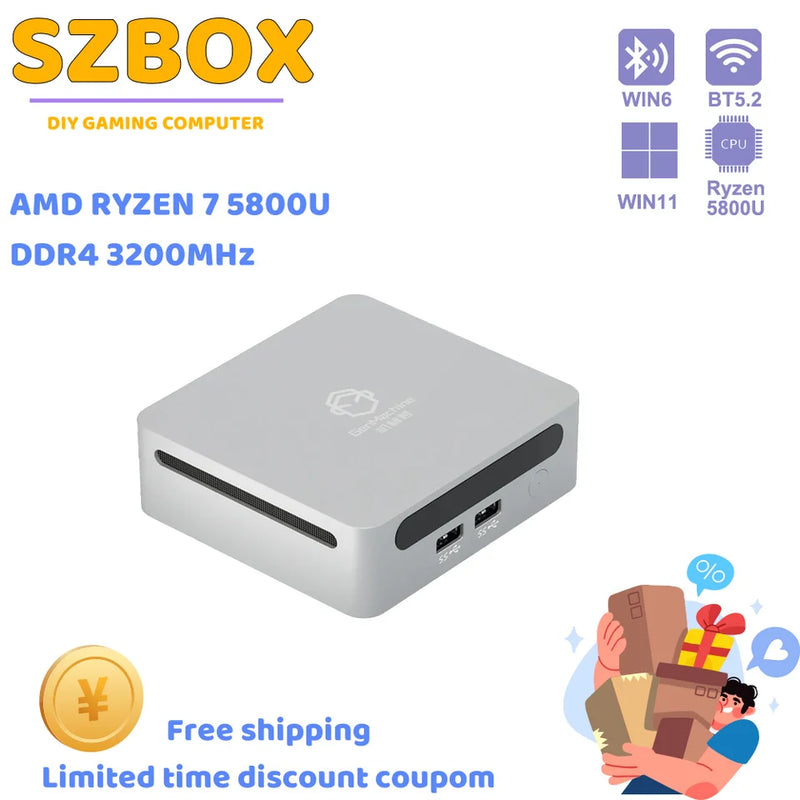 SZBOX AMD Ryzen7 mini pc 5800U Windows 11 Pro DDR4 16/32GB 256/512GB SSD WIFI6 RTL8852 BT5.2 computador para jogos diy