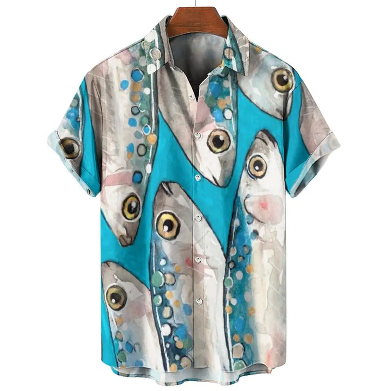 Camisa havaiana com impressão 3D masculina, piscicultura, botão, manga curta, streetwear de lapela, blusa, moda verão