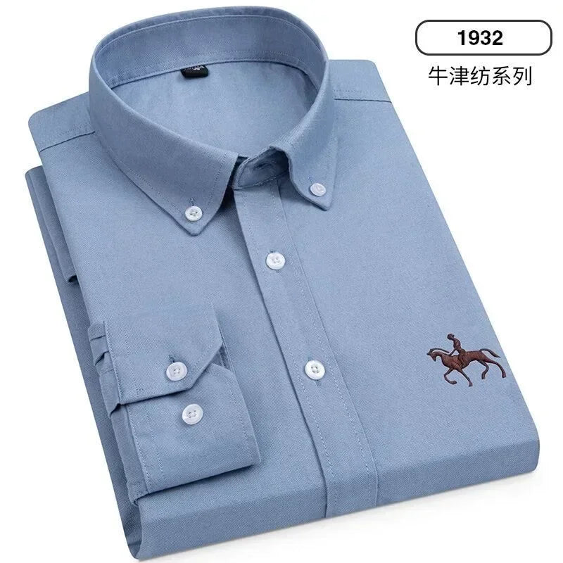 Camisa Oxford Spinning Masculina de Manga Longa, 100% Algodão Puro, Bolso Bordado, Slim Fit, Estilo de Botões, Soft Med, Negócios, Lazer, S-7XL