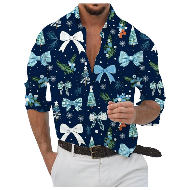 Flocos de neve dourados impressos em 3D masculino Camisa, Abotoados, Manga comprida, Ao ar livre, Colarinho, Roupas, Dia, Dia, 2024