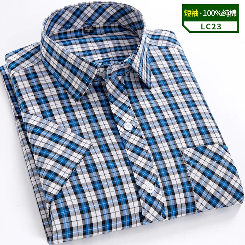 Camisas xadrez de algodão masculina, manga curta, bolso único com remendo, design simples, casual padrão, moda verão, S-8XL