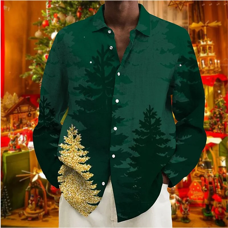 Camisa de Natal xadrez manga longa masculina, impressão 3D floco de neve, rua casual, lapela, roupa macia, design de moda, 6XL