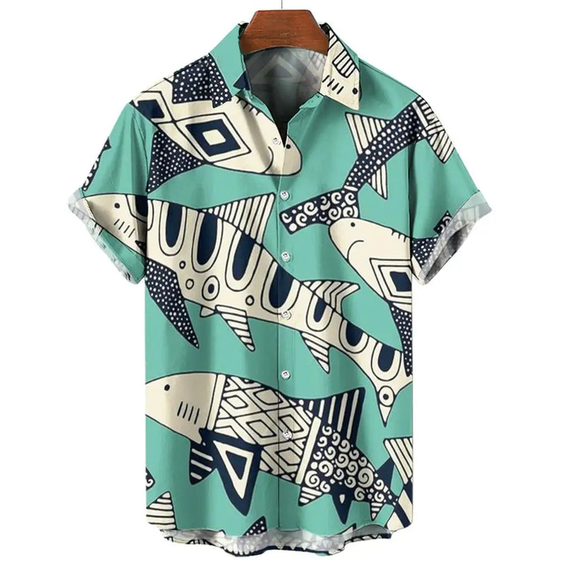 Camisa havaiana com impressão 3D masculina, piscicultura, botão, manga curta, streetwear de lapela, blusa, moda verão