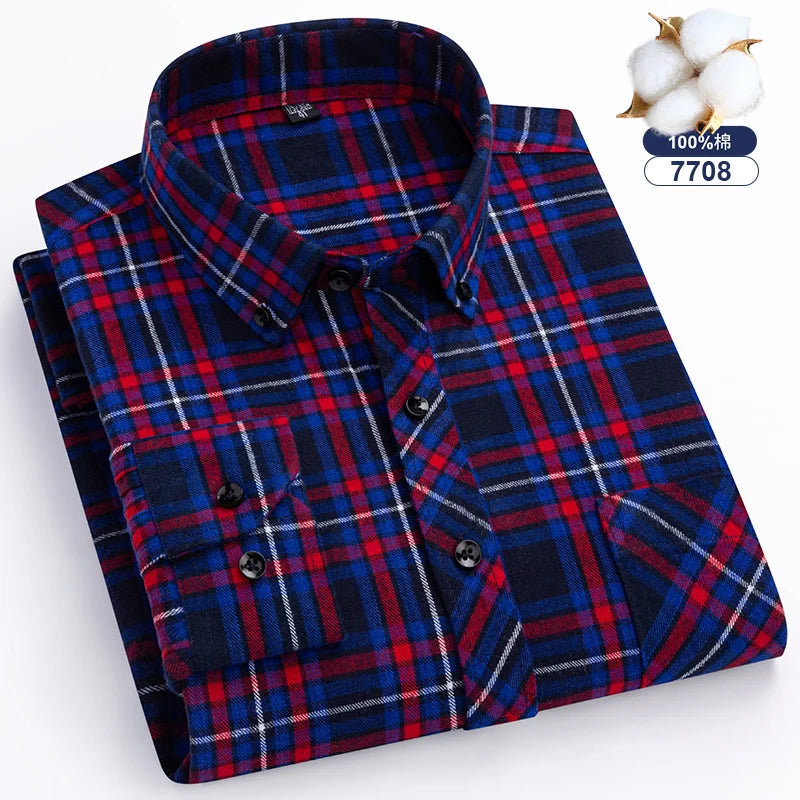 7XL 8XL Plaid Shirts For Men's Long Sleeve Cotton Fashion Single Patch Pocket Design  Casual Standard-Fit Thick Flannel Shirt