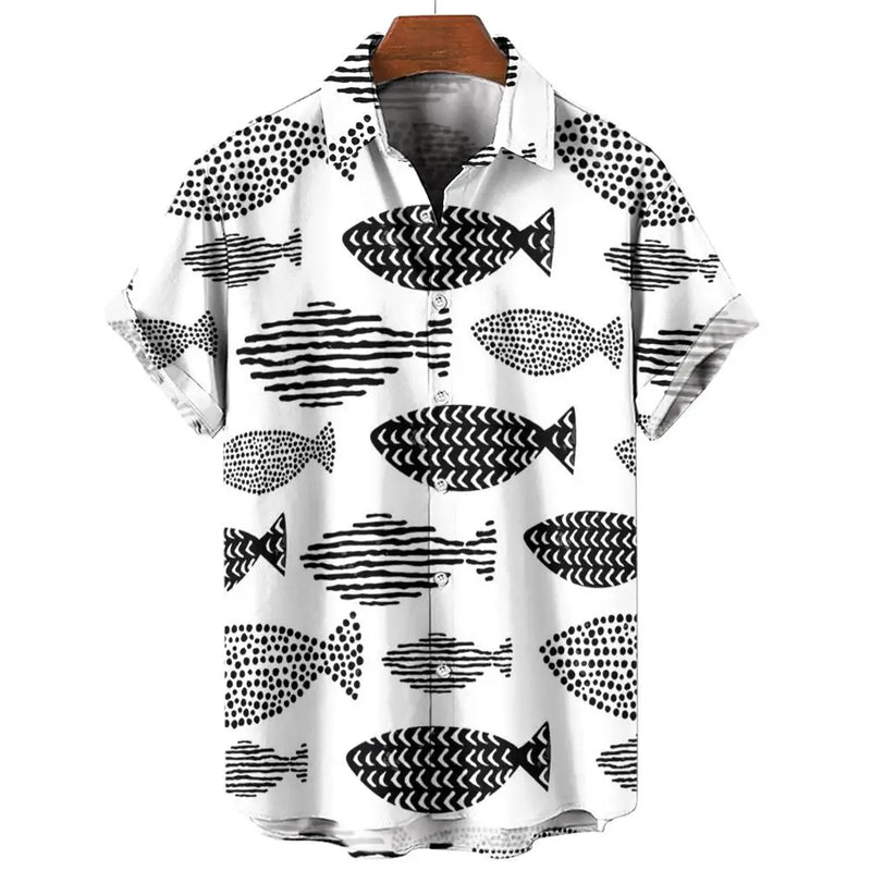 Camisa havaiana com impressão 3D masculina, piscicultura, botão, manga curta, streetwear de lapela, blusa, moda verão