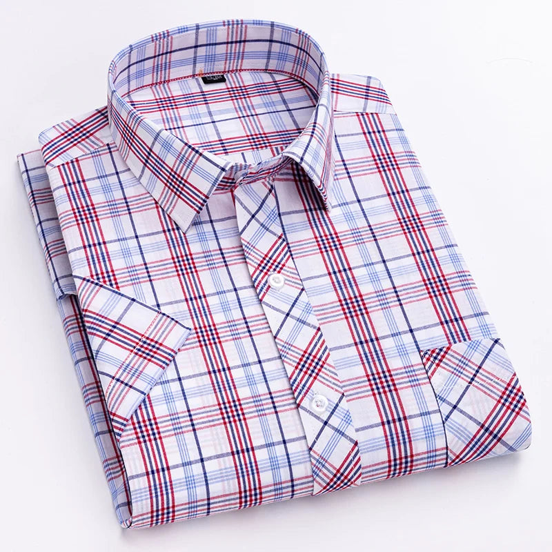 Camisa xadrez de algodão manga curta masculina, design de bolso único, casual jovem, ajuste padrão, elegante