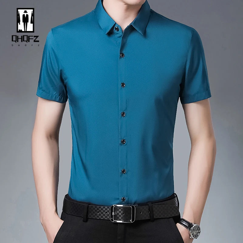 Camisa masculina casual de manga curta de negócios em 8 cores resistente a rugas top elegante