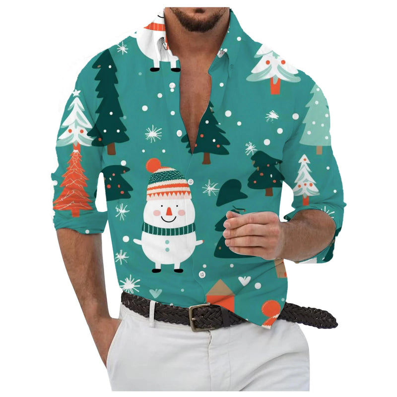 Flocos de neve dourados impressos em 3D masculino Camisa, Abotoados, Manga comprida, Ao ar livre, Colarinho, Roupas, Dia, Dia, 2024