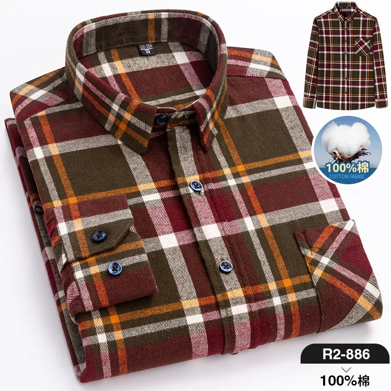 Moda masculina 100% algodão grosso escovado flanela camisas único remendo bolso manga longa padrão-ajuste xadrez xadrez xadrez camisa casual