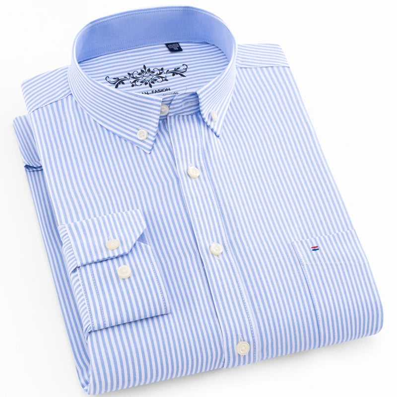 Trabalho masculino casual regular-ajuste oxford listrado xadrez camisas único remendo bolso manga longa grosso guingão listrado camisa