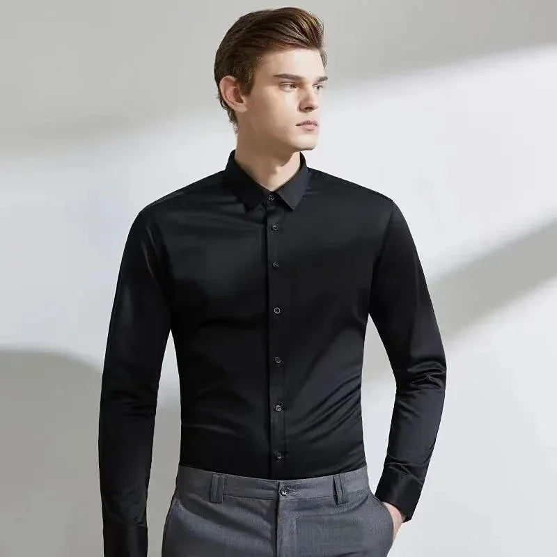 Camisa elástica de manga comprida masculina, Stand Up Collar Camisas, Não Passar, Traje de Trabalho Profissional