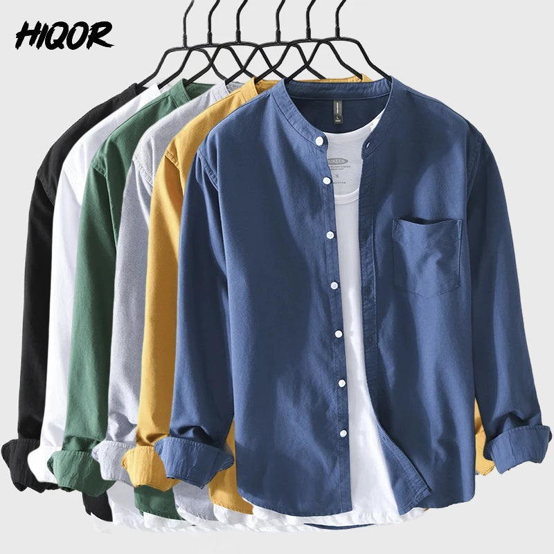 Hiqor camisa masculina 100% algodão all-match manga longa topos 2024 primavera verão camisas de cor sólida homem blusas casuais streetwear masculino