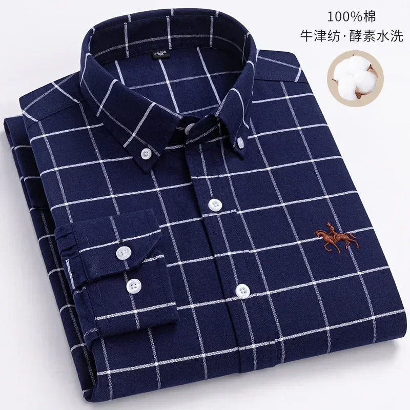 Camisa Oxford Spinning Masculina de Manga Longa, 100% Algodão Puro, Bolso Bordado, Slim Fit, Estilo de Botões, Soft Med, Negócios, Lazer, S-7XL