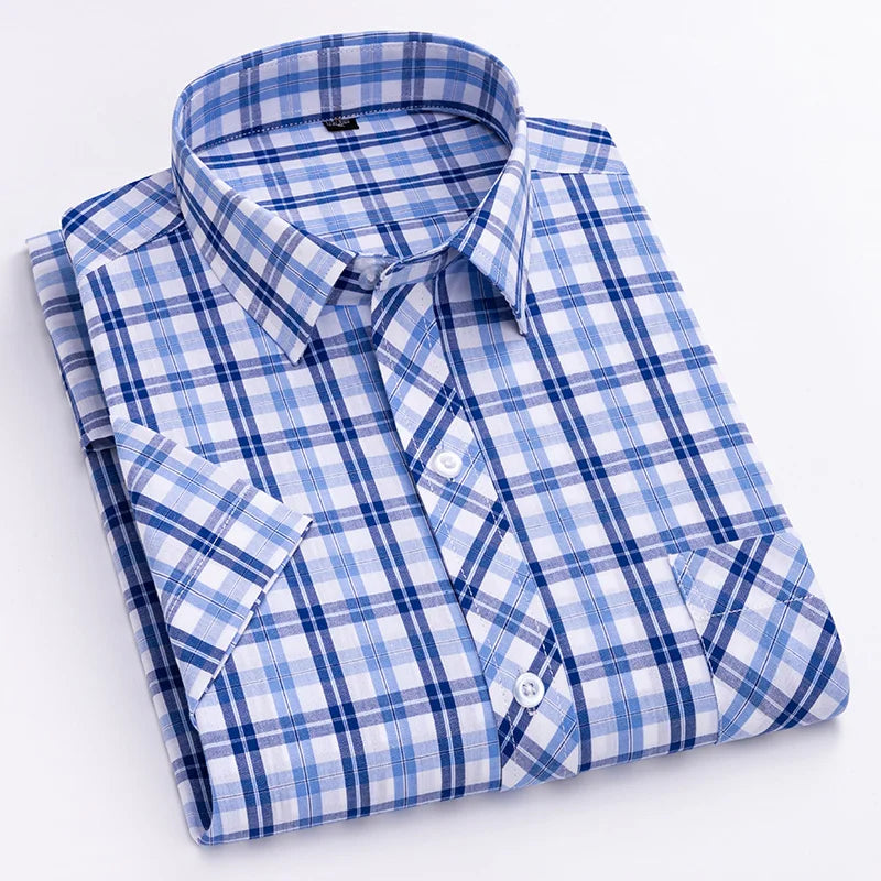 Camisa xadrez de algodão manga curta masculina, design de bolso único, casual jovem, ajuste padrão, elegante