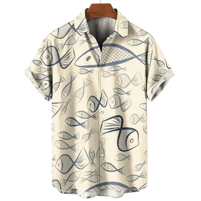 Camisa havaiana com impressão 3D masculina, piscicultura, botão, manga curta, streetwear de lapela, blusa, moda verão