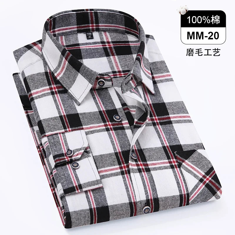 Camisa xadrez de manga longa masculina, 100% puro algodão, flanela, macia, regular-fit, escovada, bolso único, confortável, casual, S-8XL