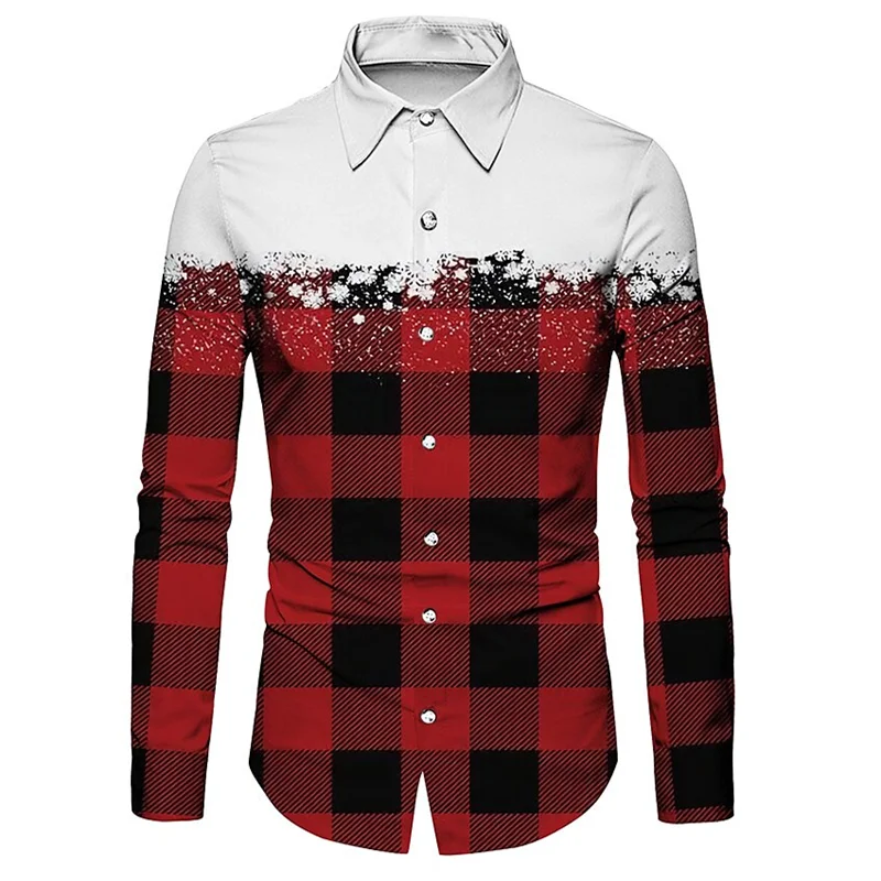 Camisa de Natal xadrez manga longa masculina, impressão 3D floco de neve, rua casual, lapela, roupa macia, design de moda, 6XL