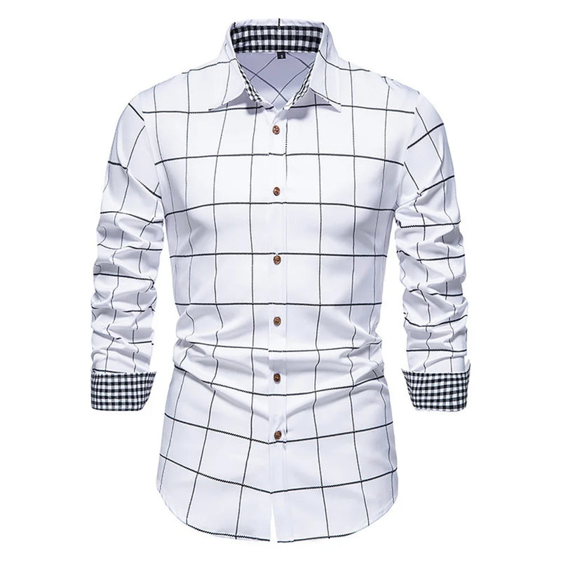 Camisa de manga longa de botão slim fit masculina, camisa xadrez, design de grandes dimensões, roupa respirável, 10 cores, moda