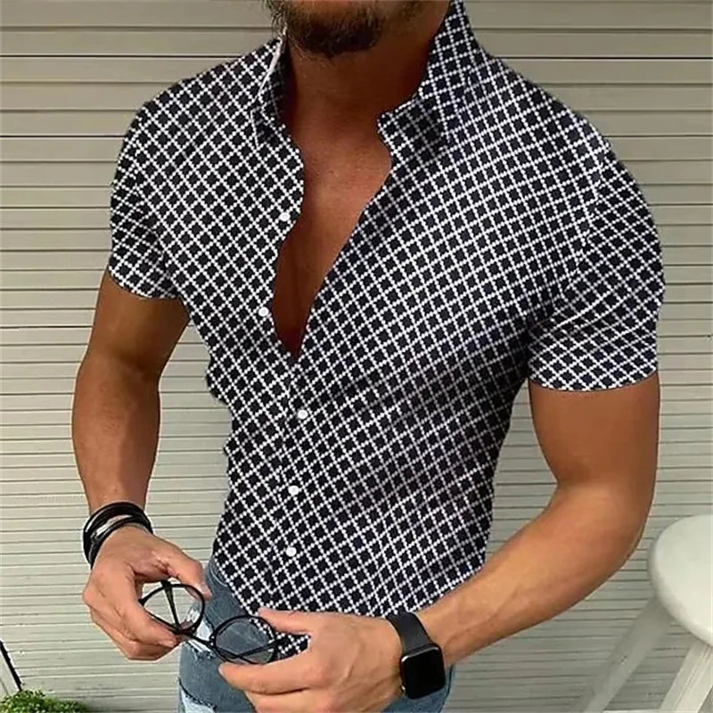 Camisa retrô xadrez masculina estampada vintage, manga havaiana curta grande, moda casual de luxo, verão, 2023