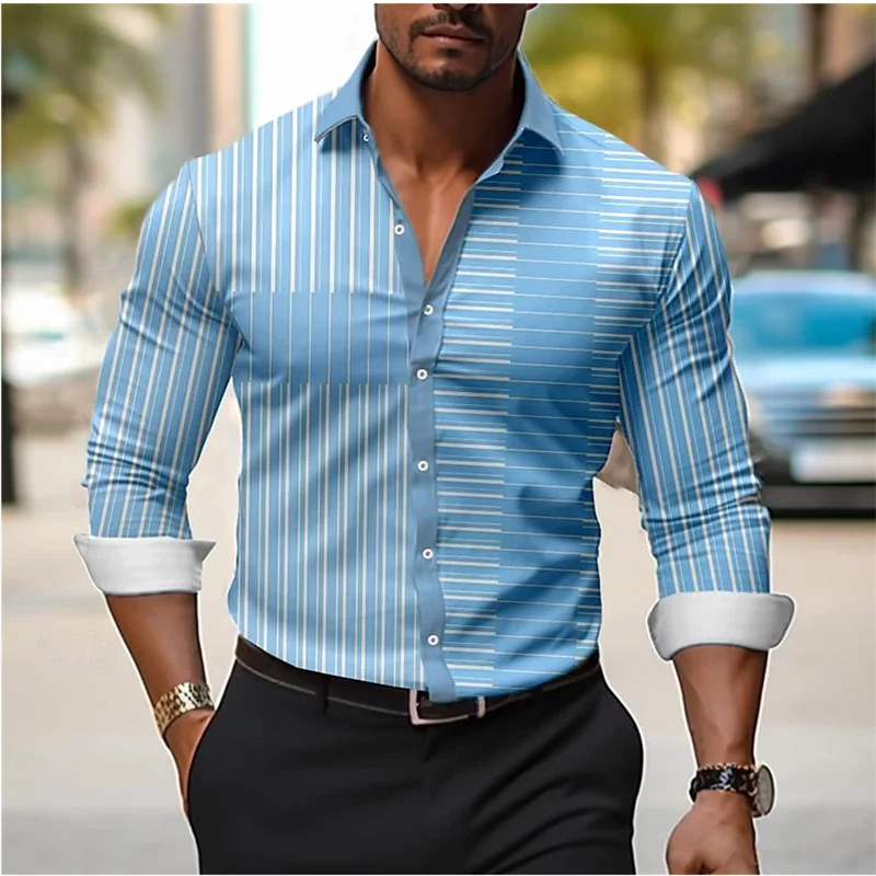 Camisa Xadrez Masculina Estampada, Manga Longa, Tecido Elástico, Lapela, Casual, Rua, Férias, Festa, Primavera e Verão, XS-6XL