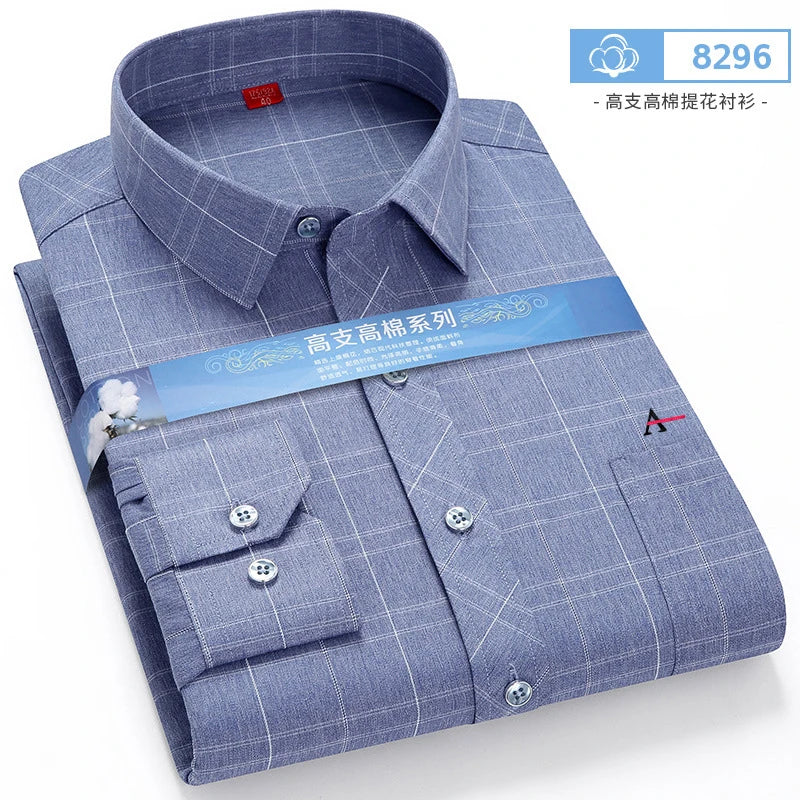 Camisa xadrez de fibra de bambu masculina, manga comprida casual, bolso da moda, negócio, reserva, camisa nova, 2021