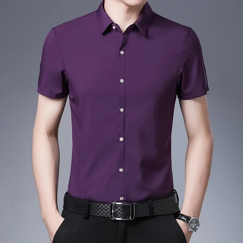 Camisa masculina casual de manga curta de negócios em 8 cores resistente a rugas top elegante