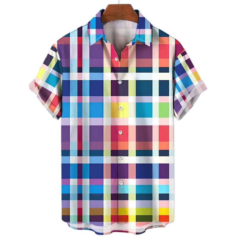 Camisa xadrez colorida masculina arco-íris havaiana, moda 3D extragrande, manga curta casual, roupa de praia de botão simples, verão