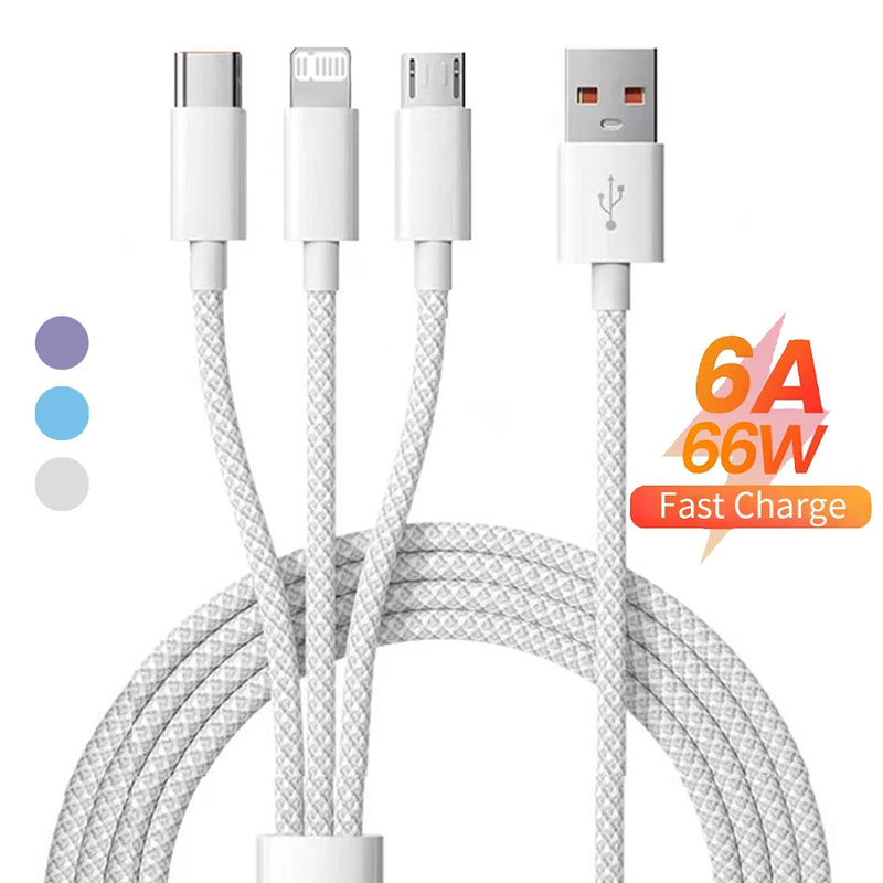 66w 3 em 1 cabo de carregamento rápido 6a micro usb tipo c cabo de dados para xiaomi carregador super rápido cabo trança de náilon 1.2m/2m/3m