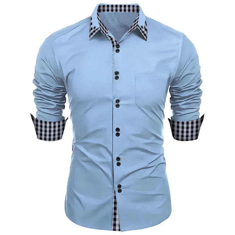 Camisa dupla de manga comprida masculina, monocromática, solta, clássica, havaiana, de negócios, escritório, 11 cores, 6XL, novo