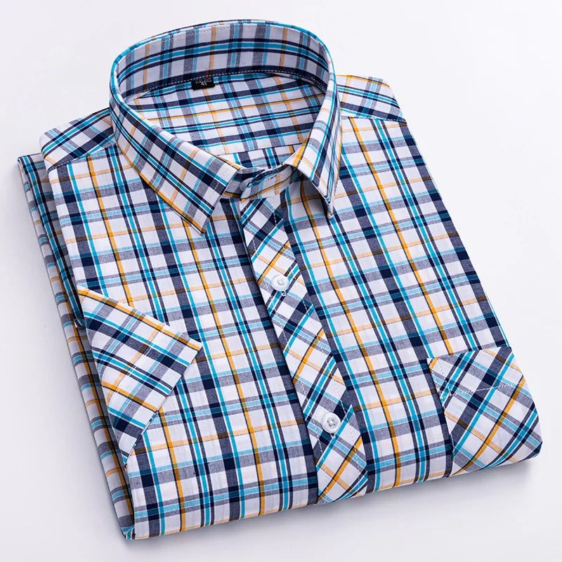 Camisa xadrez de algodão manga curta masculina, design de bolso único, casual jovem, ajuste padrão, elegante