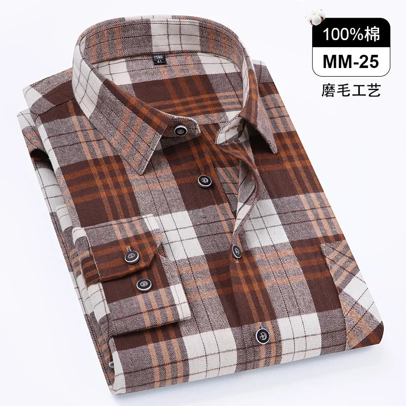 Camisa xadrez de manga longa masculina, 100% puro algodão, flanela, macia, regular-fit, escovada, bolso único, confortável, casual, S-8XL