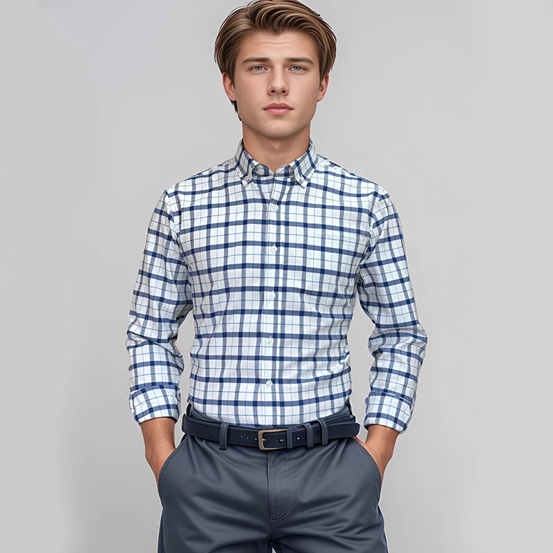 Novo 100% algodão oxford camisas xadrez masculinas negócios casuais de alta qualidade manga longa camisa de bolso para homens camisa de botão S-7XL