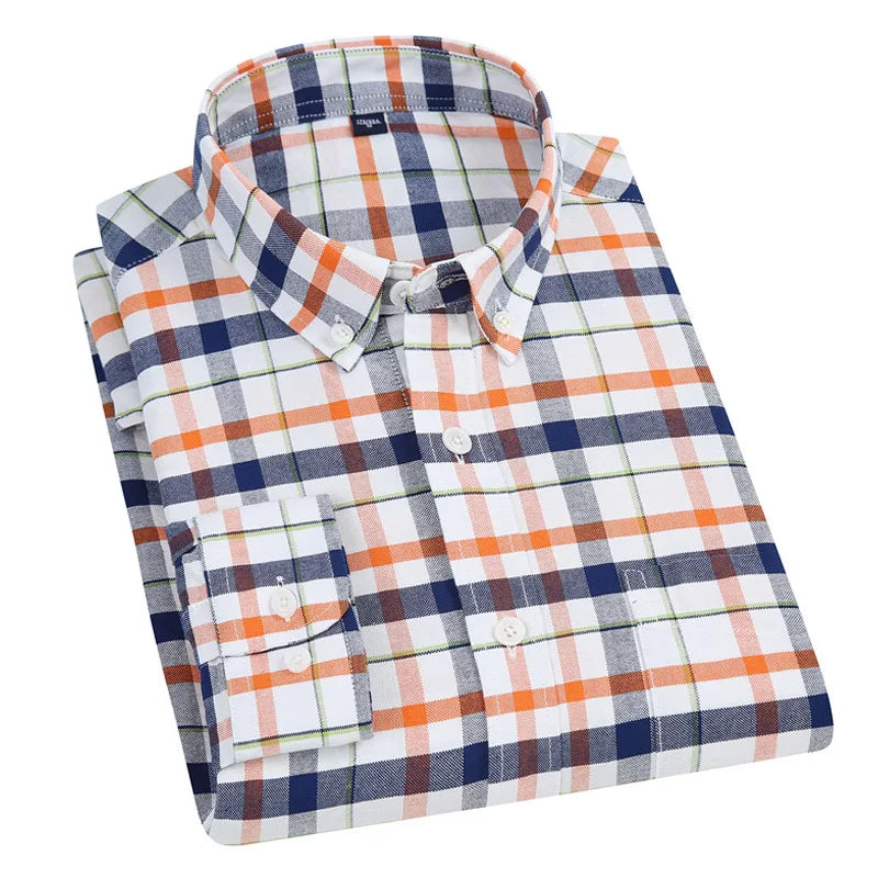 Camisa Oxford de manga comprida masculina, bolso único, xadrez de botões, listrada, camisas formais sociais masculinas, casual, 100 algodão