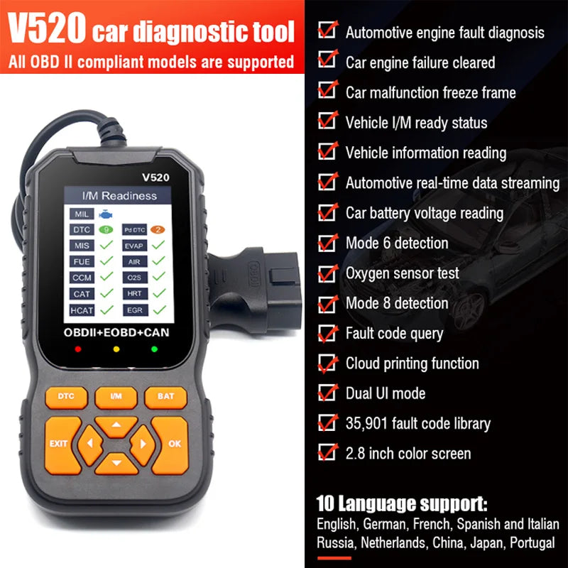 Professional Auto Engine System Ferramenta de Diagnóstico OBD2 Scanner, Lifetime Free Automotive DTC Lookup Code Reader, Car Diagnostic Tool, Novo