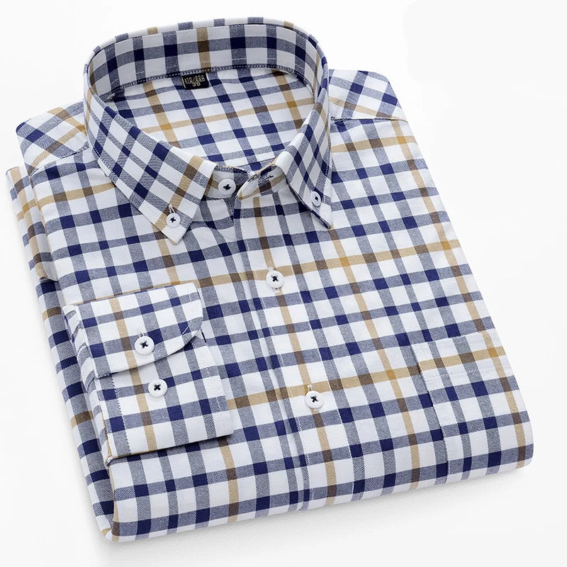 Camisa Oxford xadrez casual masculina, confortável, de algodão puro, com botões, ajuste regular, listrada, social, de alta qualidade